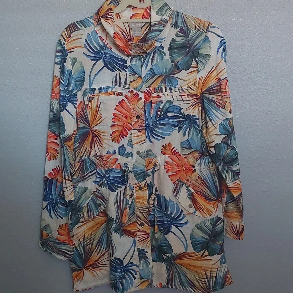 Chico’s Linen Palm Pattern Hawaiian Utility Jacket Beach Vacation Resortwear MP